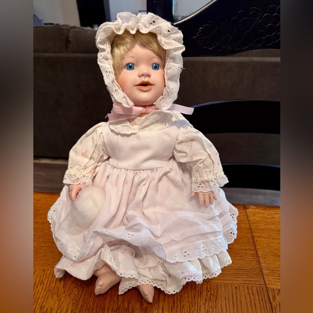 Vintage Colony Crafted Porcelain Doll with Bonnet